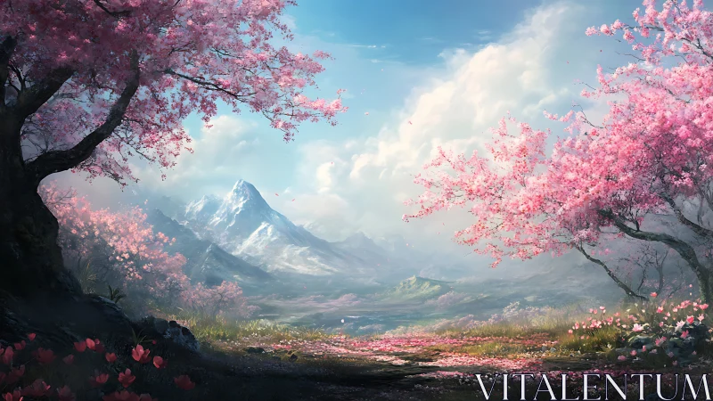Mountain valley landscape with blooming pink trees in spring.