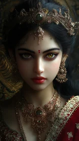 Regal digital portrait of jeweled woman in ornate sari