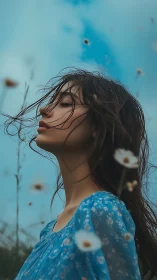 Wind-kissed dreamer leans into wildflower-blue afternoon hush