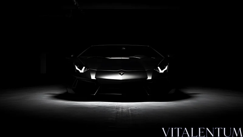 Shadow-drenched supercar front under dramatic spot lighting.