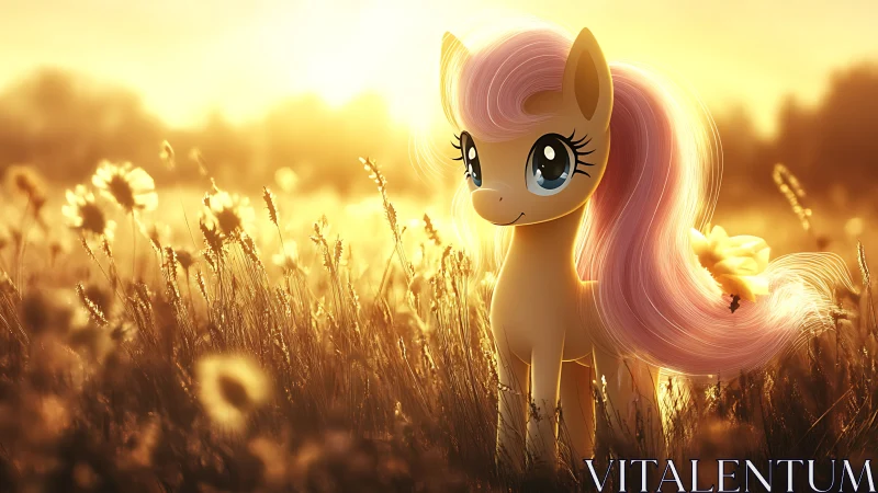Golden meadow pony basking in soft sunset light.