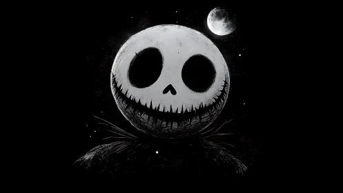Monochrome skeletal jack-o-lantern head under high-contrast moonlight