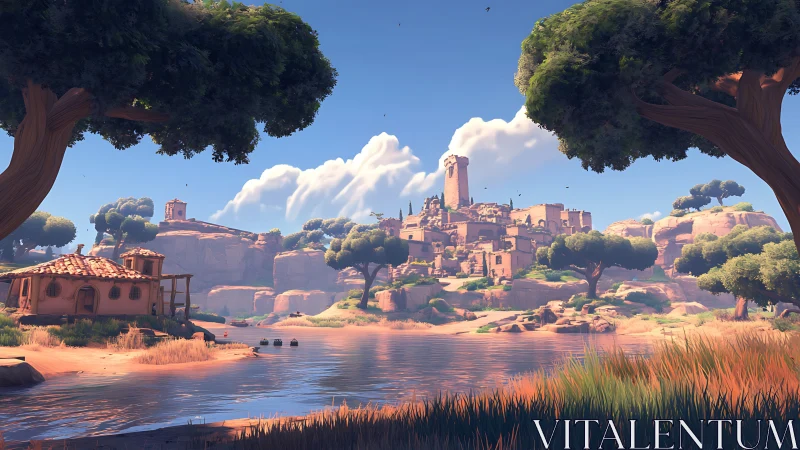 Sunlit cliffside village dreaming above a tranquil river bend.