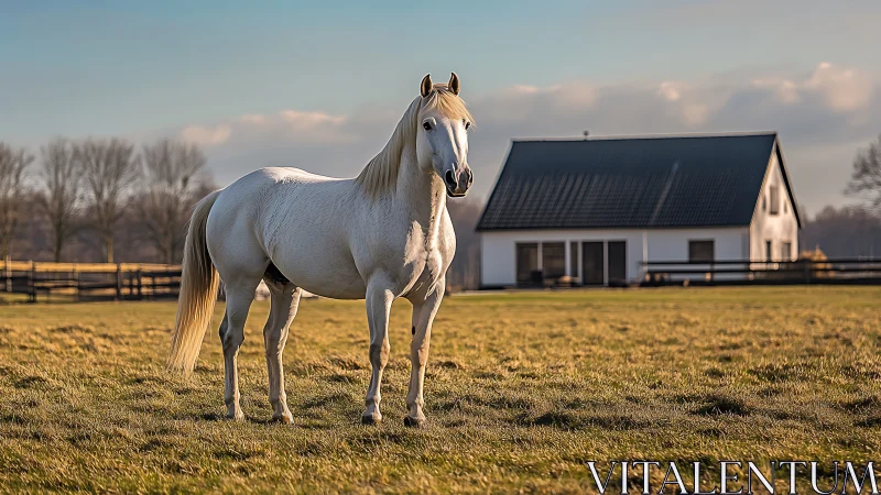 White horse in golden pasture before modern rural home.
