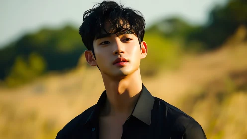 Young man in black shirt under warm outdoor light.