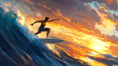 Dynamic surfer carving sunset wave with high-contrast lighting effects