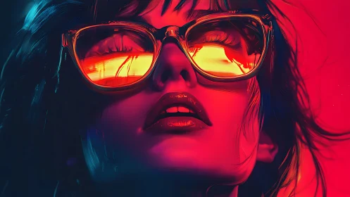 Neon daydreamer in molten sunset glasses gazing skyward.