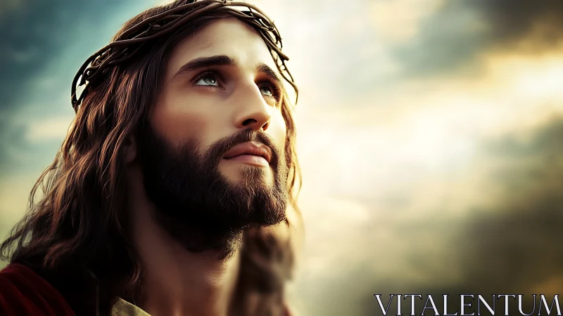 High-detail digital portrait of bearded man with thorn crown gazing upward