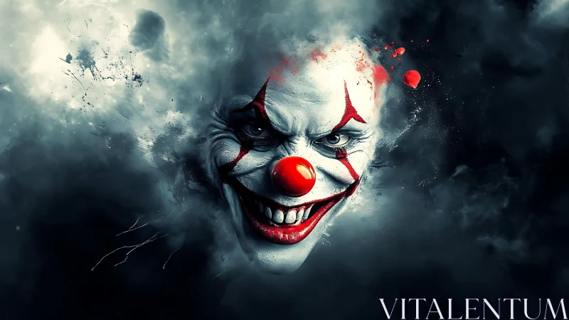 Nightmarish circus clown emerges from swirling dark mist