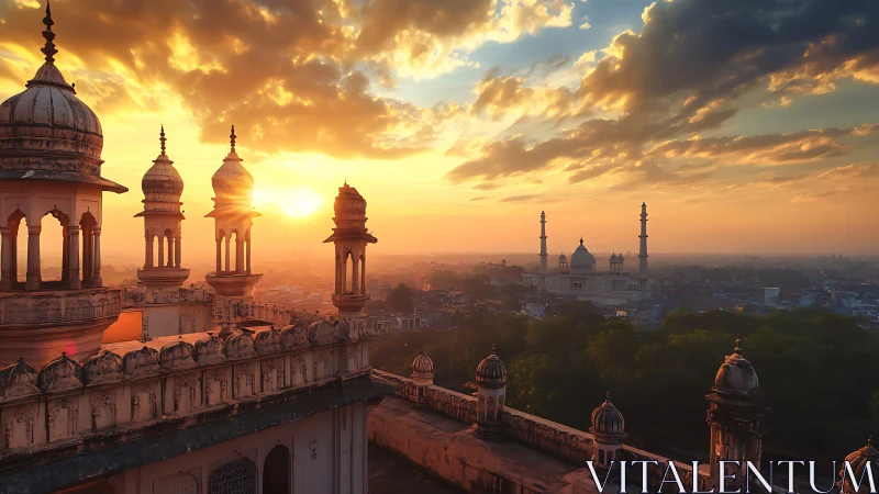 Golden sunrise over domed rooftops and distant city skyline.