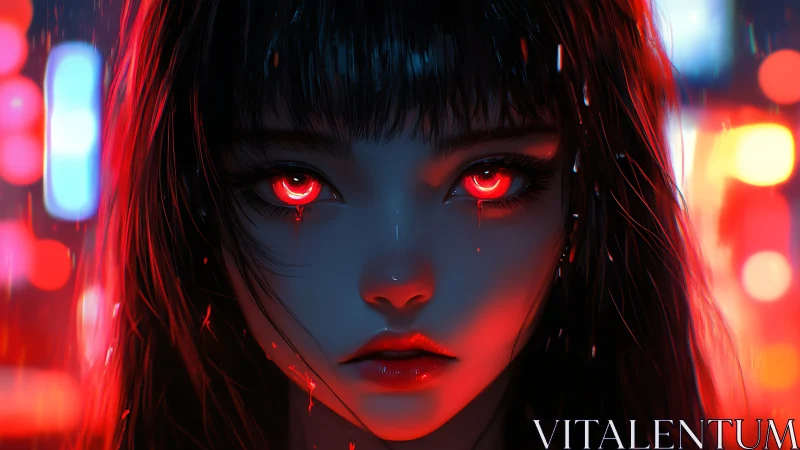 Neon eyed girl gazes boldly through the rain soaked night