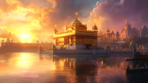 Golden temple drifts in ember clouds above mirrored waters.