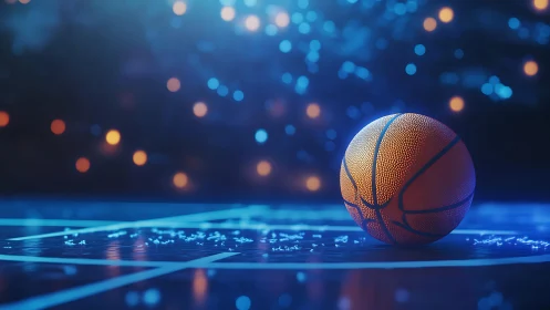 Basketball on wet court under cinematic blue bokeh lighting
