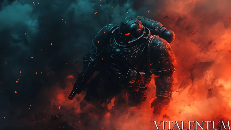 Armored wanderer crossing a storm of ember-red smoke.