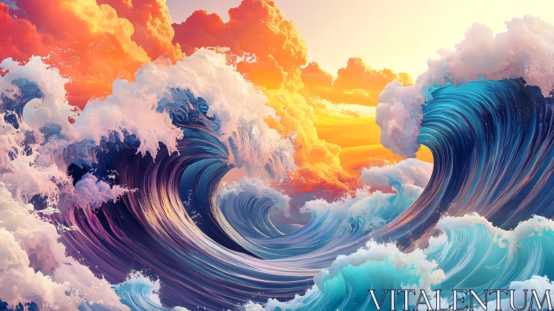 Radiant ocean waves dancing beneath glowing sunset skies.