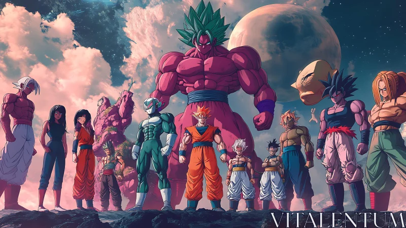 Anime ensemble under cosmic skies in panoramic composition.