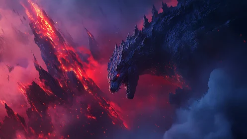 Volcanic kaiju silhouette emerges through high-contrast red fog