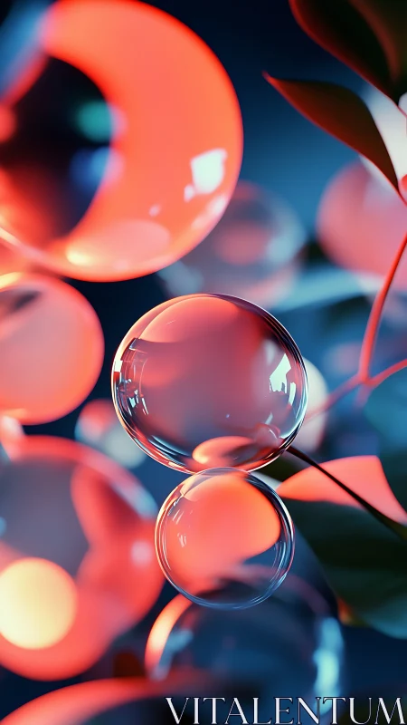 Neon soap bubbles drift through a tangle of glowing leaves