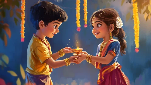Children exchange glowing lamp during festive Diwali celebration