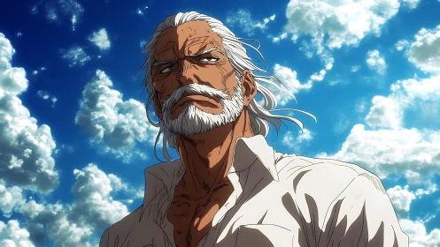 Weathered anime mentor gazes skyward beneath radiant clouds