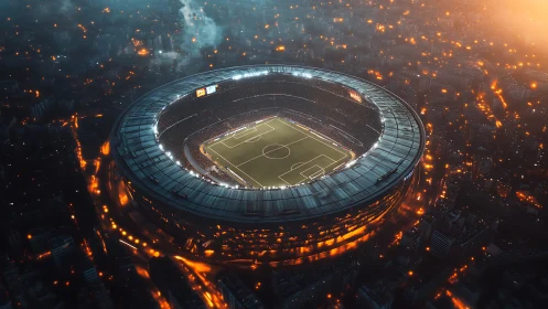 Floodlit cyber stadium hovers over a smoldering neon city