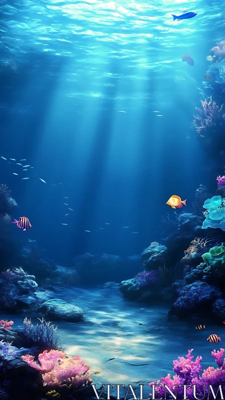 Sunlit coral reef glows beneath tranquil turquoise waves.