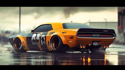 Widebody yellow muscle car on wet urban pavement at dusk.