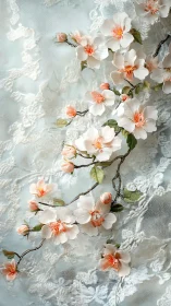 Pale peach blossom branch over blue lace textile background
