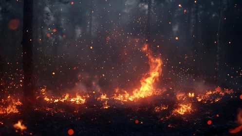 Wildfire Consuming Forest with Ash and Embers.