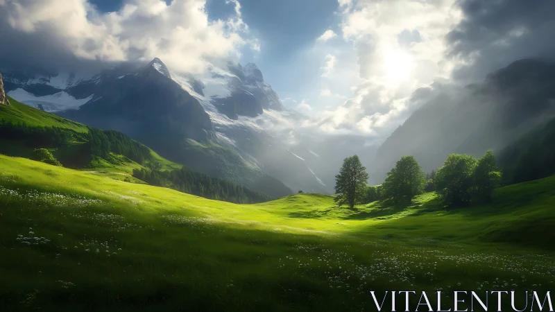 Sunlit green valley below dramatic snowy mountain peaks.