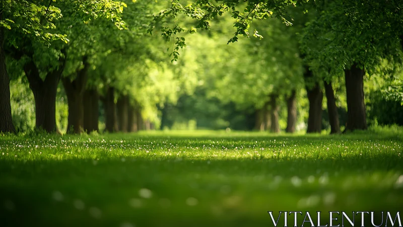Lush green tree-lined pathway in serene park, natural light landscape.