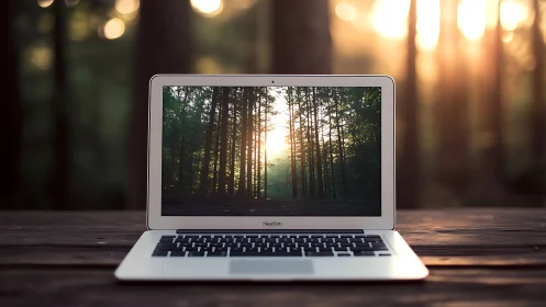 Open laptop on wooden table aligns forest screen with sunlit trees