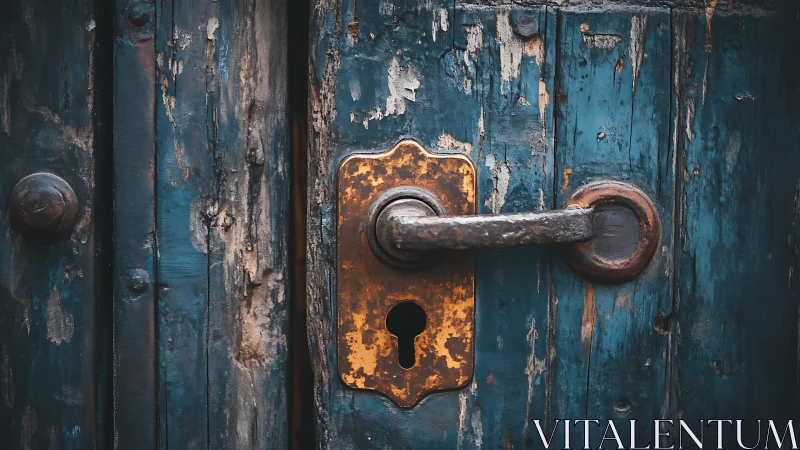 Rust kissed keyhole on weather beaten teal wooden door.