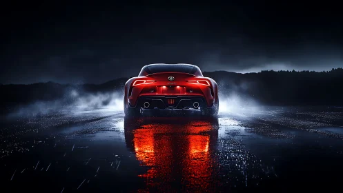 Rear red sports car igniting wet night road reflections.