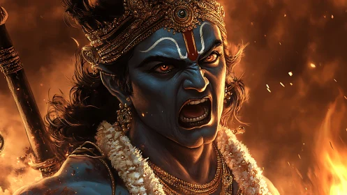 Fierce blue warrior god roaring amid swirling firestorm.