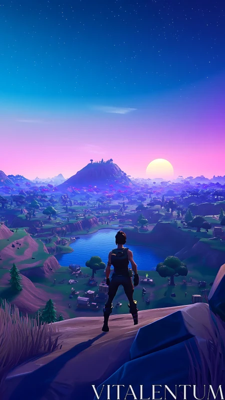 Lone gamer surveys neon valley as a stylized sunset glows