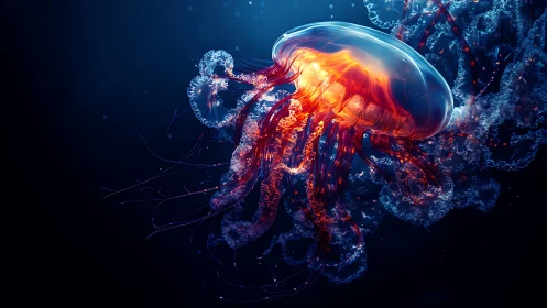 Glowing jellyfish drifting through a deep cosmic ocean.