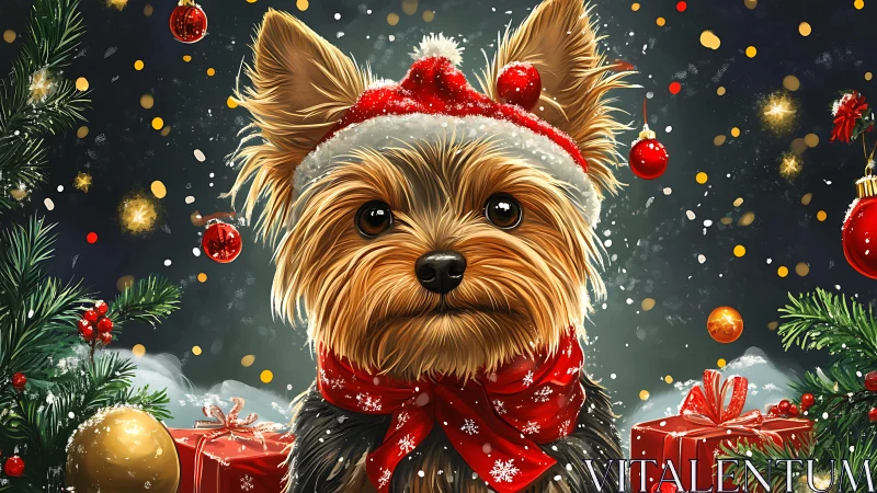 Yorkshire terrier wears Santa hat amid vivid Christmas decor