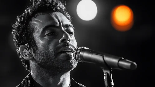 Soulful singer leans into the microphone under warm stage lights