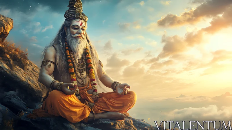 Mountain sage in meditation with sunrise sky backdrop.