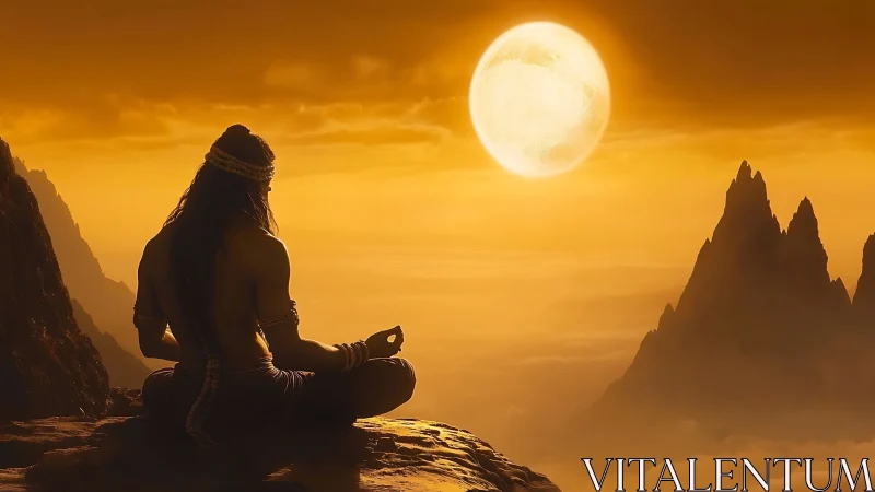 Solitary figure meditating on cliff under large full moon.