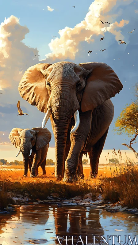 Golden savanna elephants strolling toward sunset waterhole.