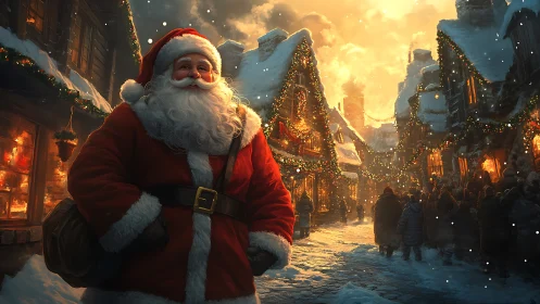 Santa figure in snowy village street with festive lights.