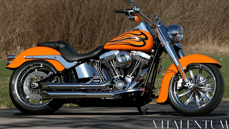 Orange custom cruiser motorcycle is parked on asphalt surface