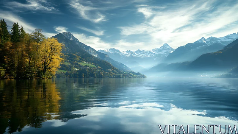Alpine lake mirror cradles golden forest under drifting skies.