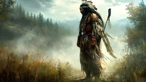 Solitary tribal warrior in misty forest valley at dawn.