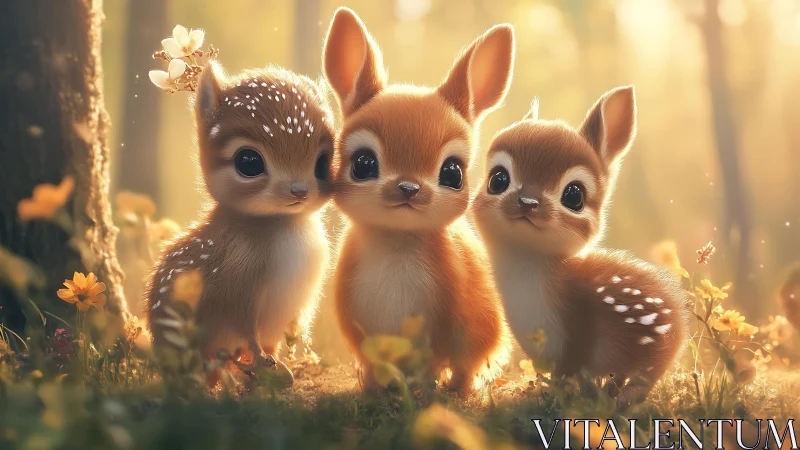 Triangular cluster of stylized fawns under volumetric backlit forest