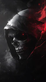 Hooded skeletal reaper emerges from shadow and crimson fire.