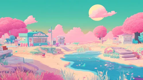 Neon pastel riverside town under a dreamy cotton-candy sky.