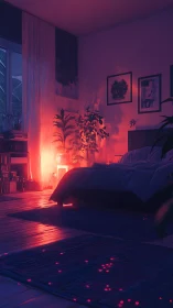 Neon ember bedroom glows with midnight plants and quiet calm.
